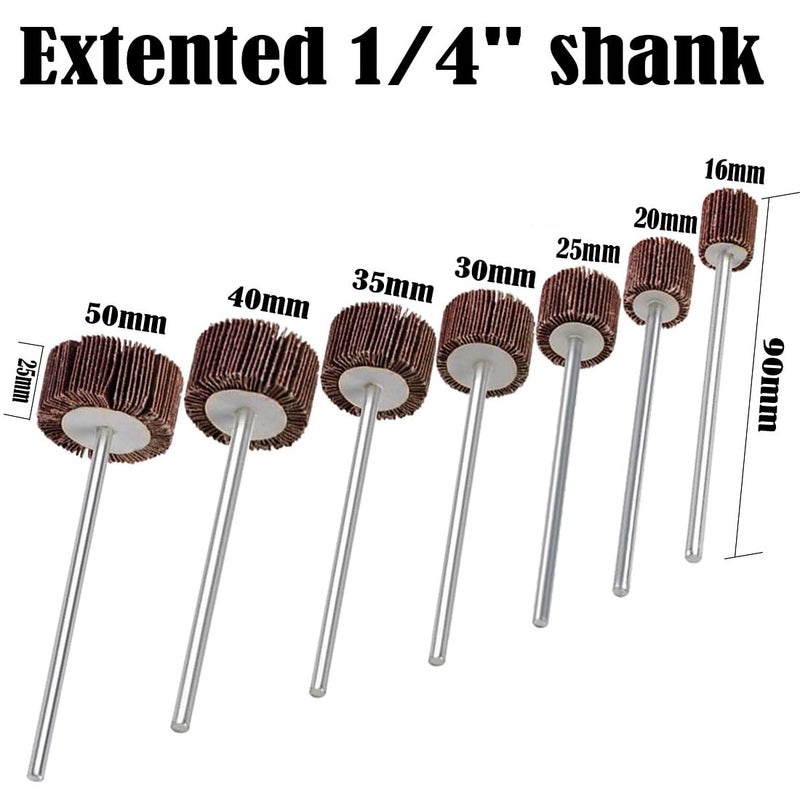 JUNLIXN 14 Pcs 90mm Extra Long Flap Wheels Sander, Extended 1/4'' Shank Abrasive Flap Wheel for Drill, Grinder, Rotary Tools (16/20/25/30/35/40/50mm) - Image 2